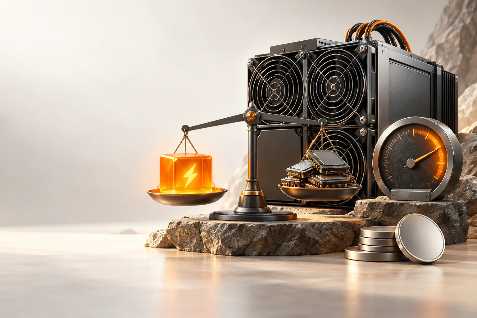 Illustration: A balance and meter compare a miner’s energy input and hashing capacity.