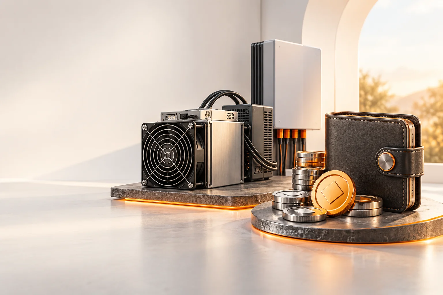 Illustration: A balanced comparison of mining equipment and electricity costs with a wallet of coin tokens.