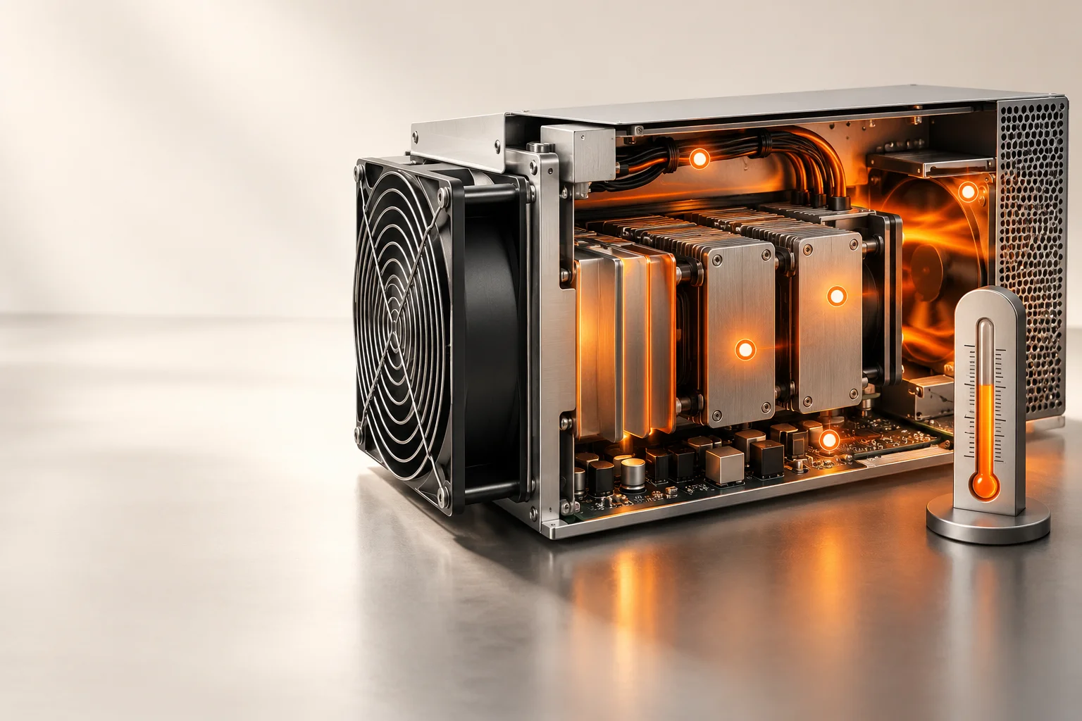 Illustration: An illustrated miner cutaway with temperature sensor points and a thermometer.