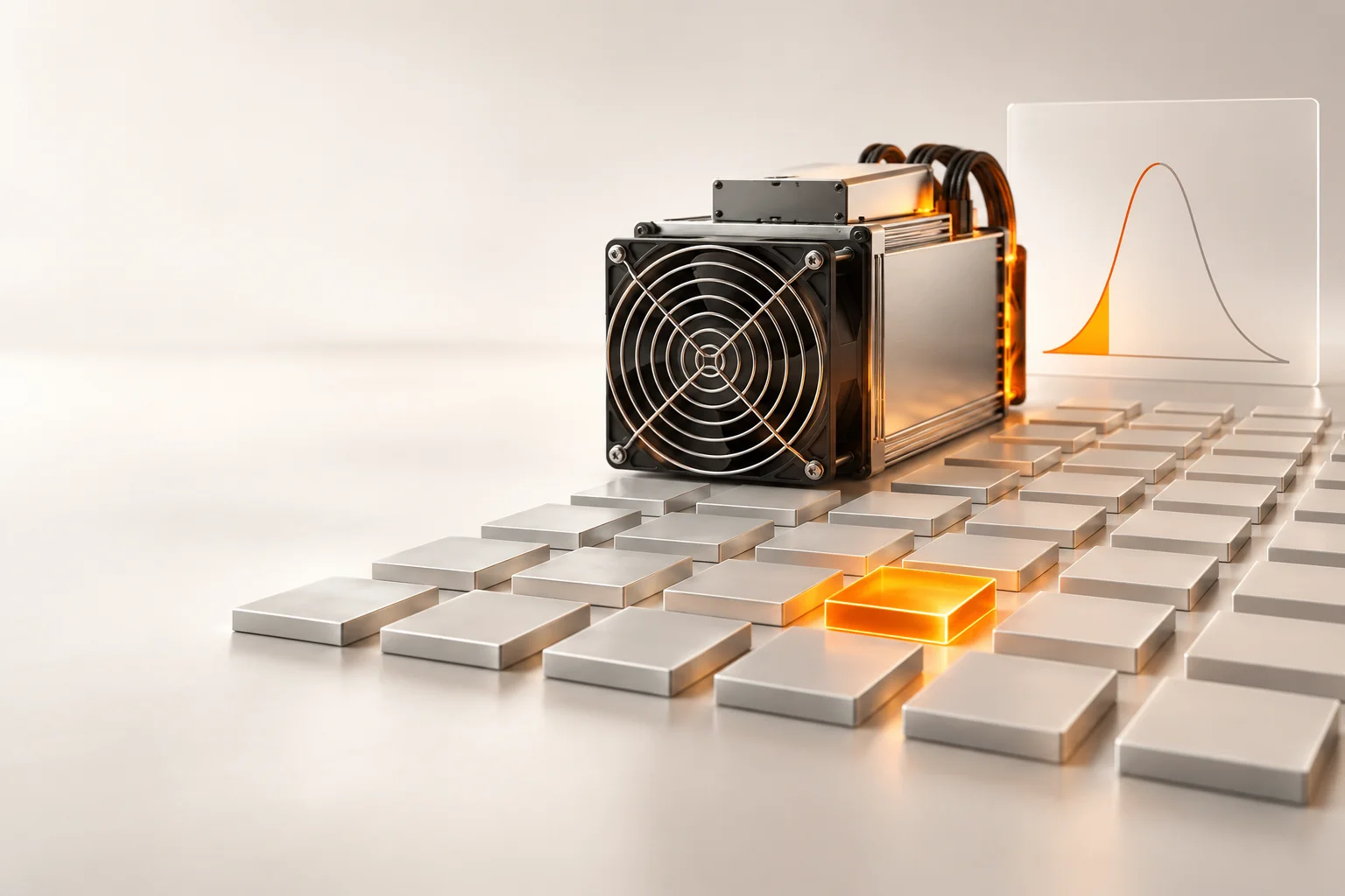 Illustration: A solitary miner beside mostly empty time tiles, a rare discovered block, and a probability curve.