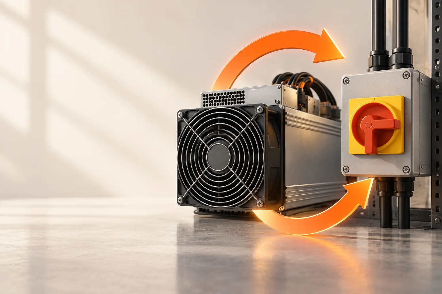 Illustration: A miner beside an enclosed isolation switch and a circular restart symbol.
