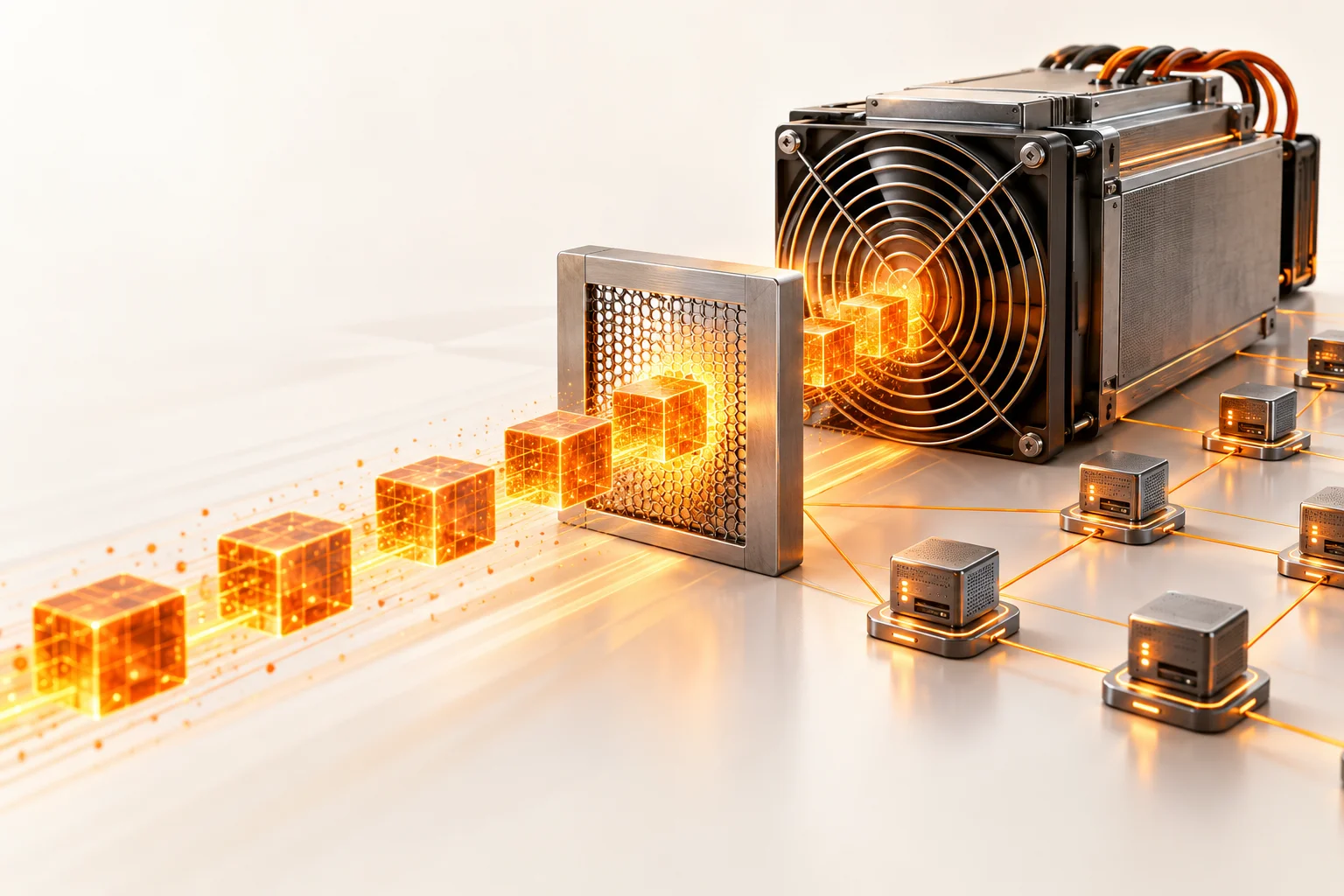 Illustration: Orange candidate blocks pass through a miner’s target gate toward validating network nodes.