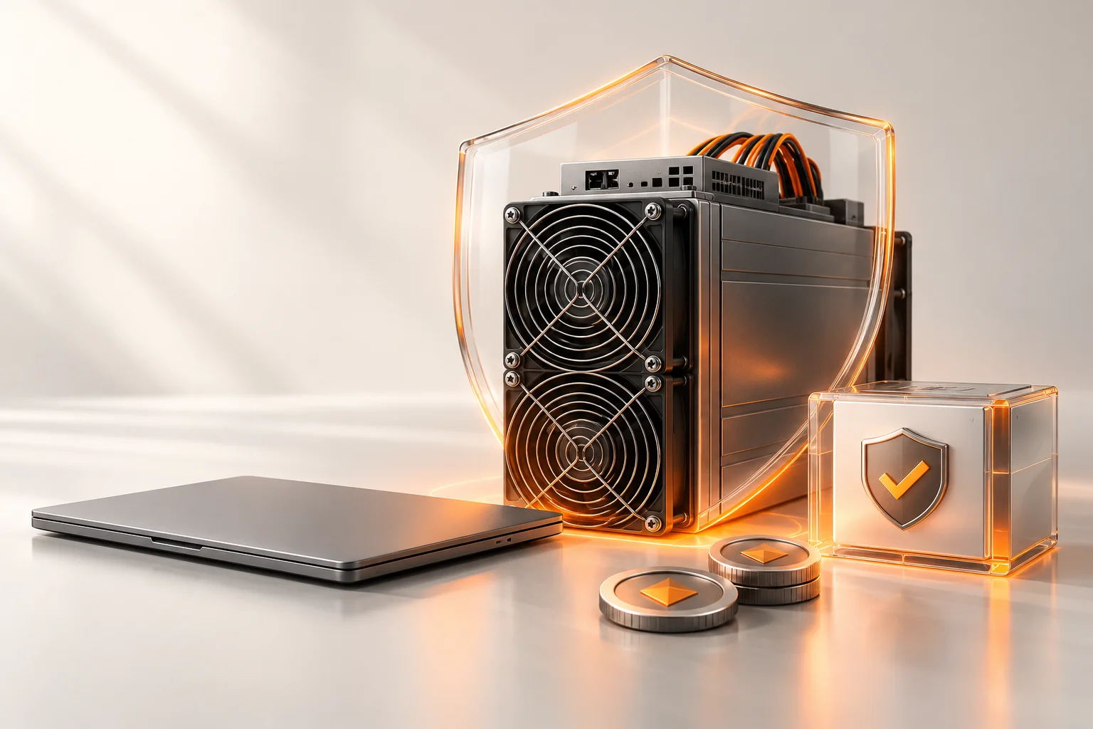 Illustration: A miner behind a transparent shield beside a management laptop and firmware package.