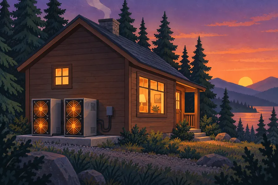 Illustration of a wooden cabin at dusk with two mining machines on a concrete pad beside it.