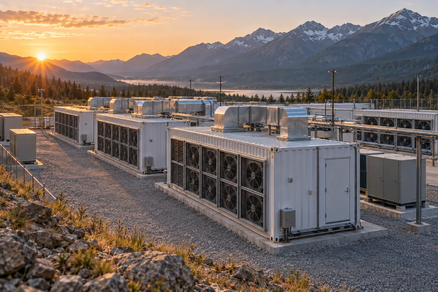 Illustration of a modular mining facility in a mountain valley at sunrise.